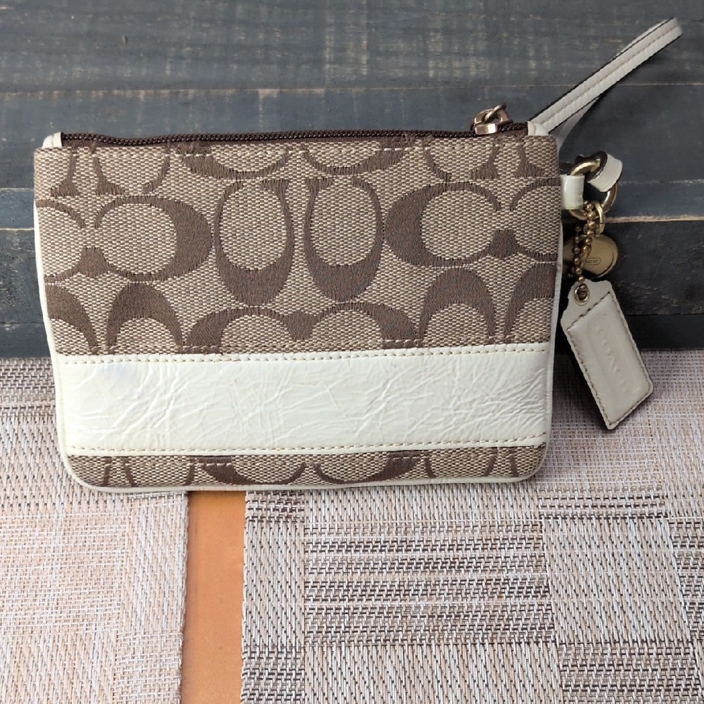 Coach Legacy Tan and Cream Signature Wristlet